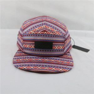 custom digital print logo 100% polyester 5 panel hat with leather patches