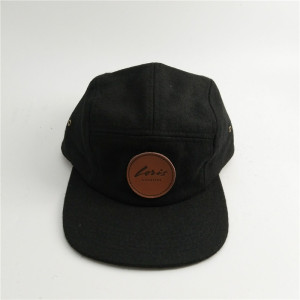 soft and comfortable 50% wool 5 panel hat with real leather patches