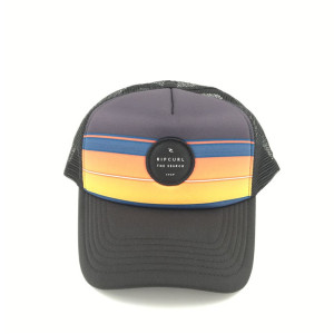 best quality printed contrast color stripe curved brim Breathability surfing mesh trucker hat with custom circle woven patch