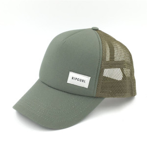 wholesale olive green five panels mesh trucker with custom woven logo made in china