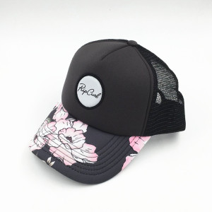 wholesale sublimate printed pattern five panels mesh trucker with custom woven patch logo made in china