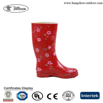 Ladies Thigh High Waterproof Rubber Boots With Red Flower Printing