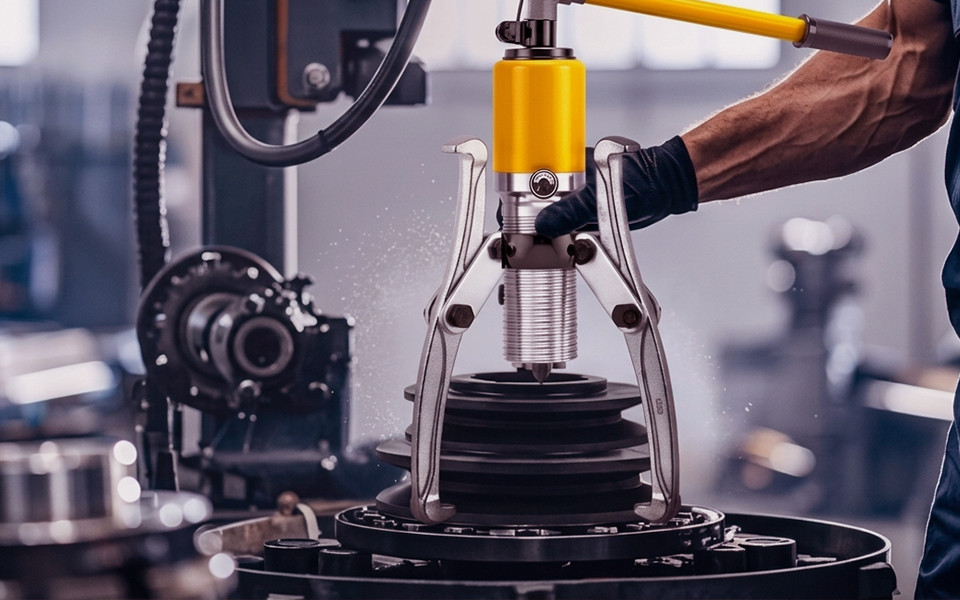 hydraulic puller removing industrial gear and bearing in factory equipment