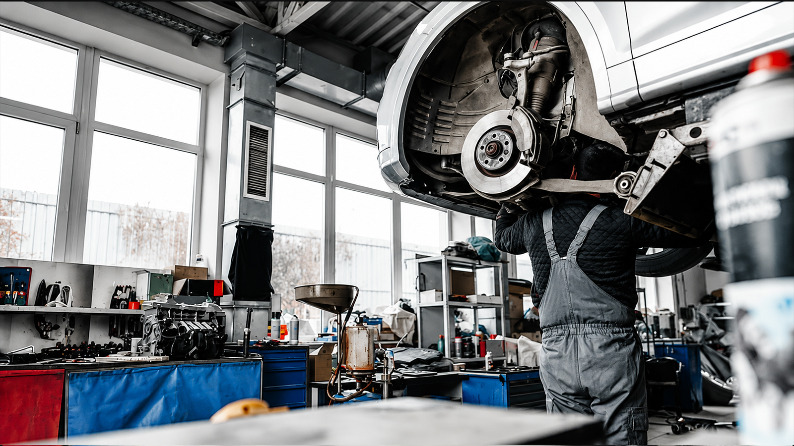Professional mechanic using bearing puller and automotive repair tools in workshop