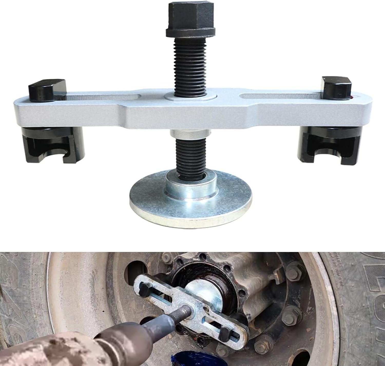 Wheel hub bearing puller removing a hub assembly from a steering knuckle