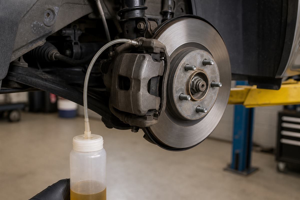 Generic brake caliper with a clear bleed hose and catch bottle