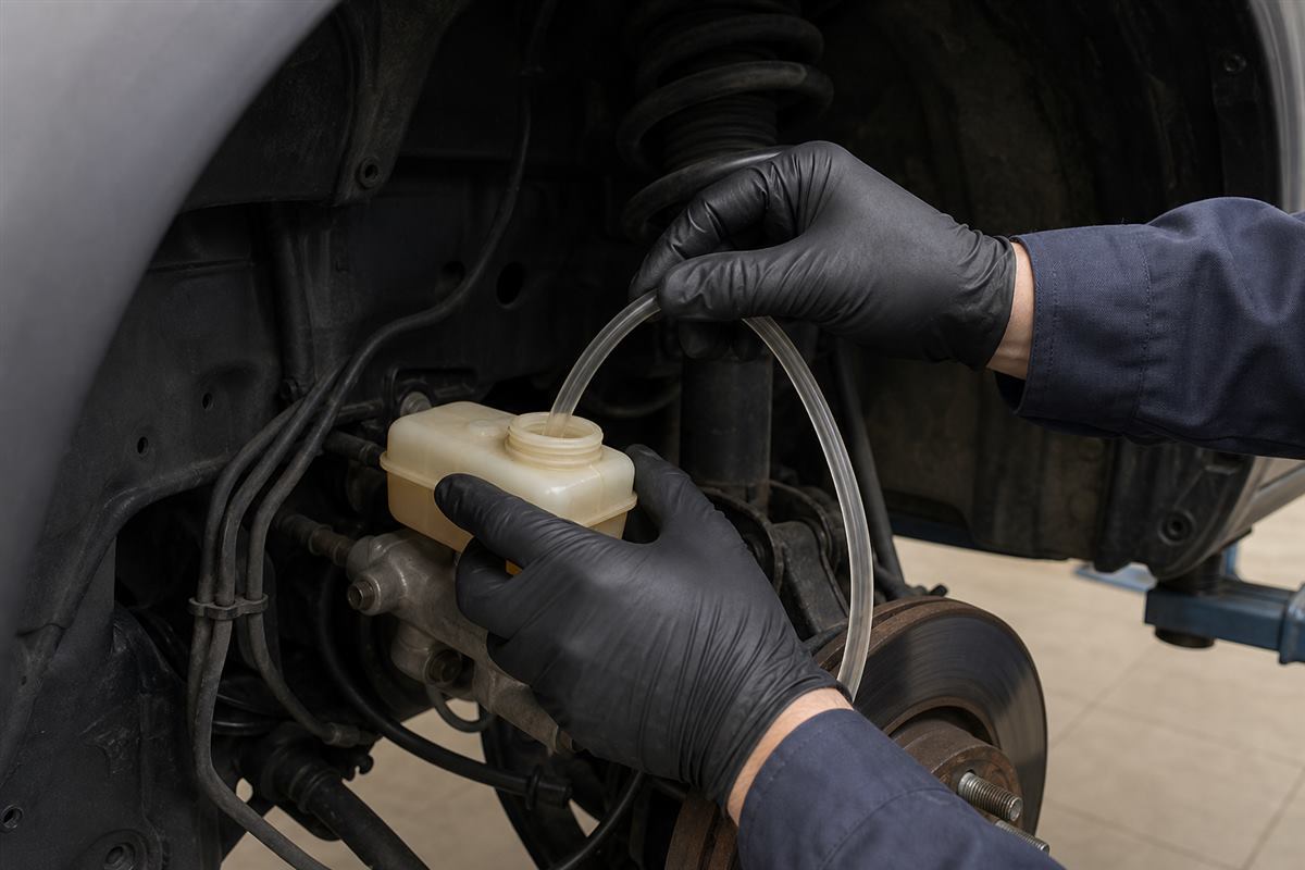 Gloved hands monitoring an unbranded brake fluid reservoir during service