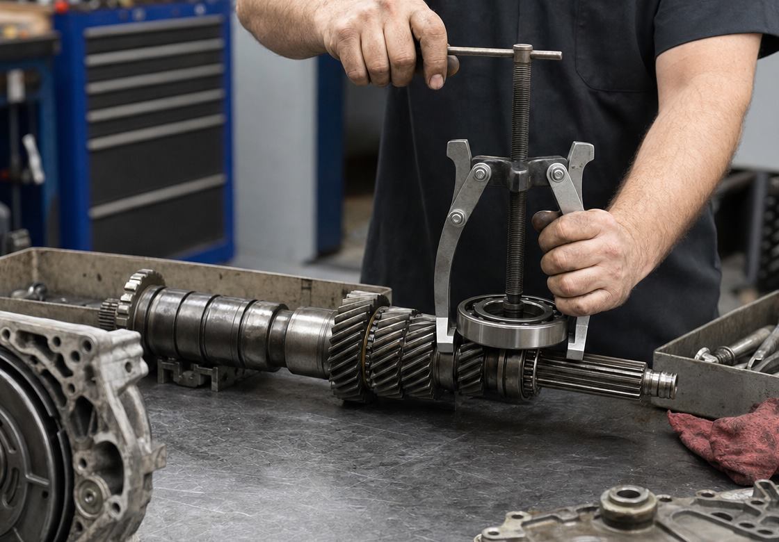 Unbranded bearing puller removing a bearing from a transmission shaft