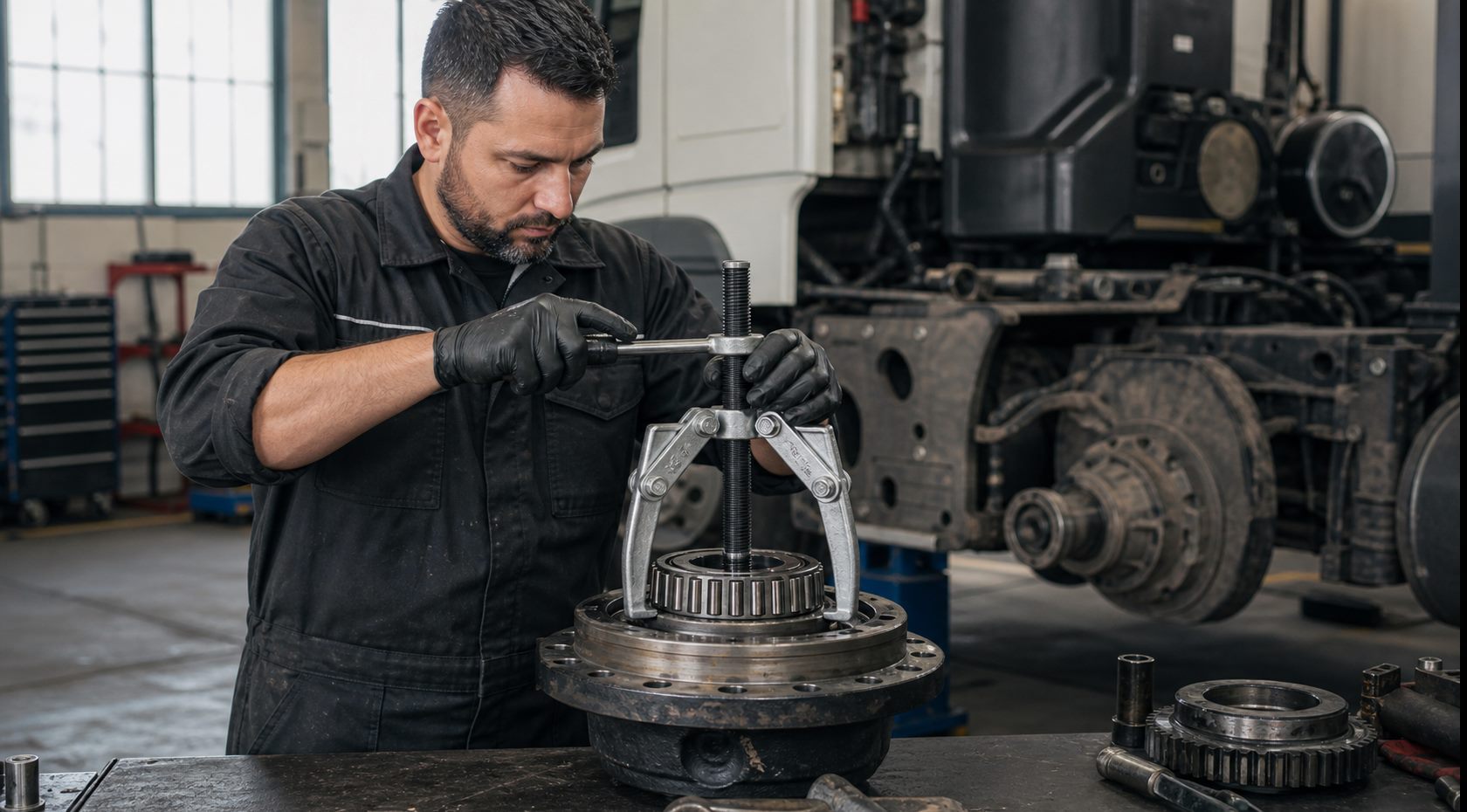 Technician using a three-jaw bearing puller on a heavy-duty truck component
