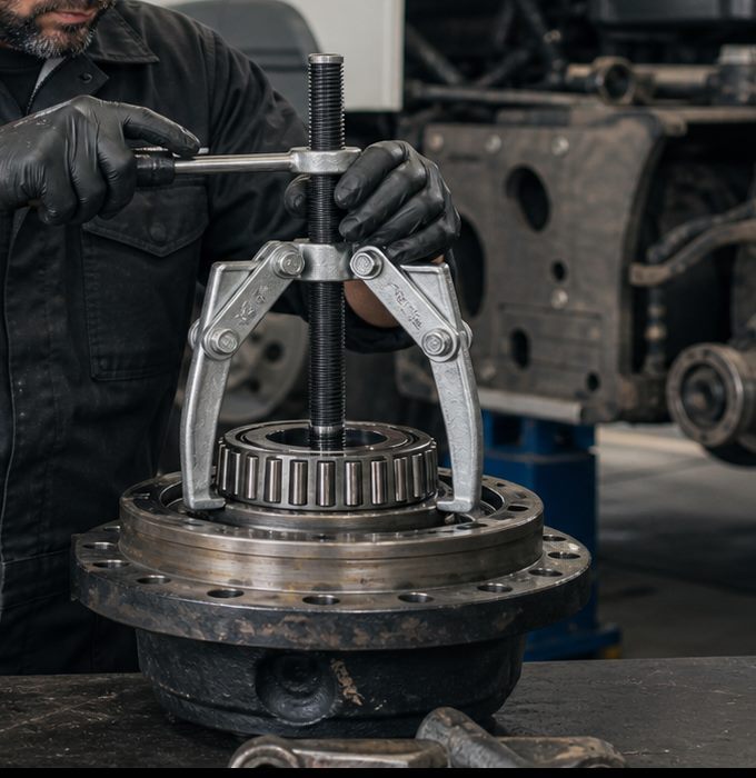 Close-up of a three-jaw puller aligned over a truck bearing
