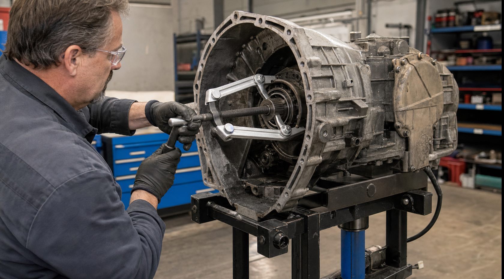 Truck transmission service workspace with protected components