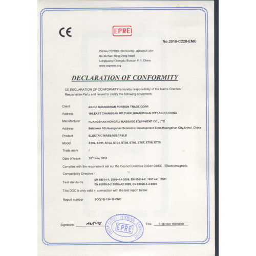 CE certificate for Electric massage table