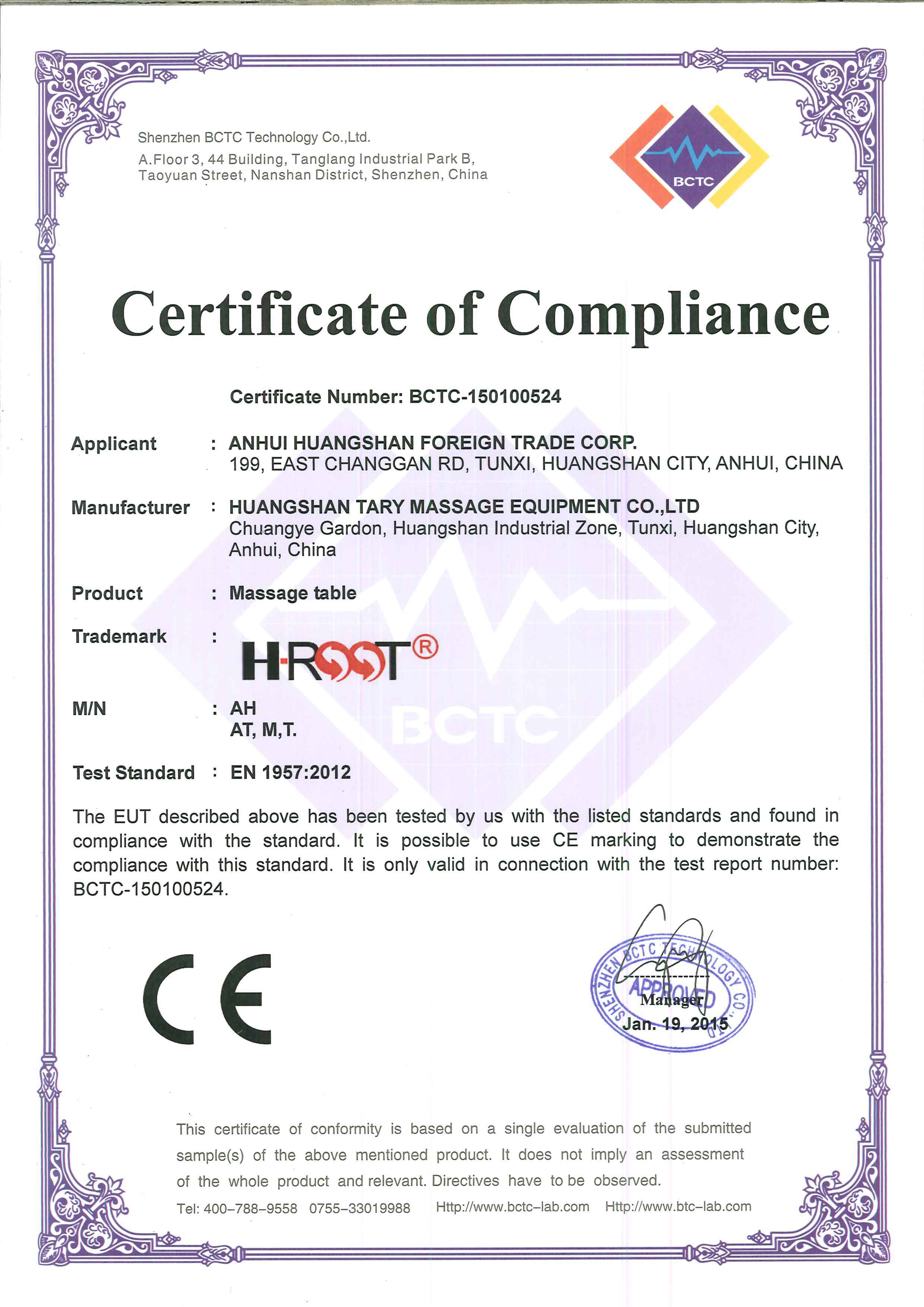 Fresh CE certificate made in 2015