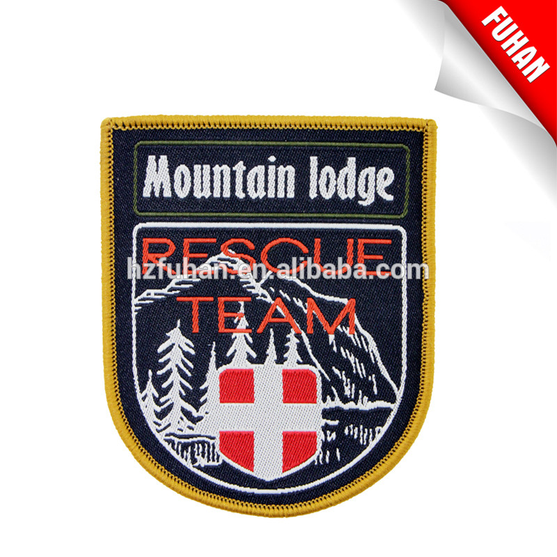 Customized full Polyester hot melt Woven Patch with merrow edged , woven patch for garment