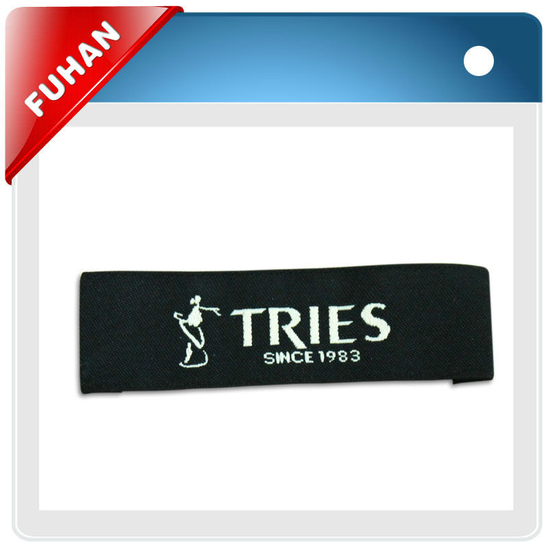 Fancy factory directly black ground hook side woven label with private logo for apparel/shoes/bag/toy
