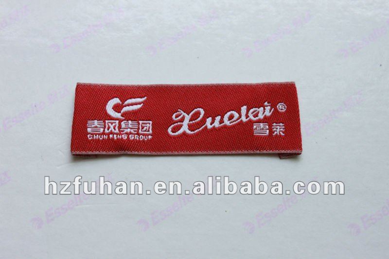 red bottom and white letter custom woven label