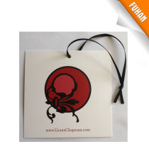Coated paper hang tag with ribbon string