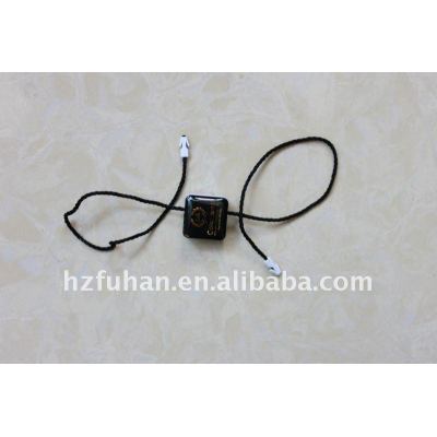 black plastic tags with cotton thread