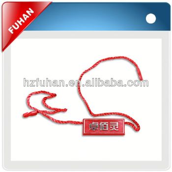 Custom delicate plastic hang tag with hook and wax cord for garments