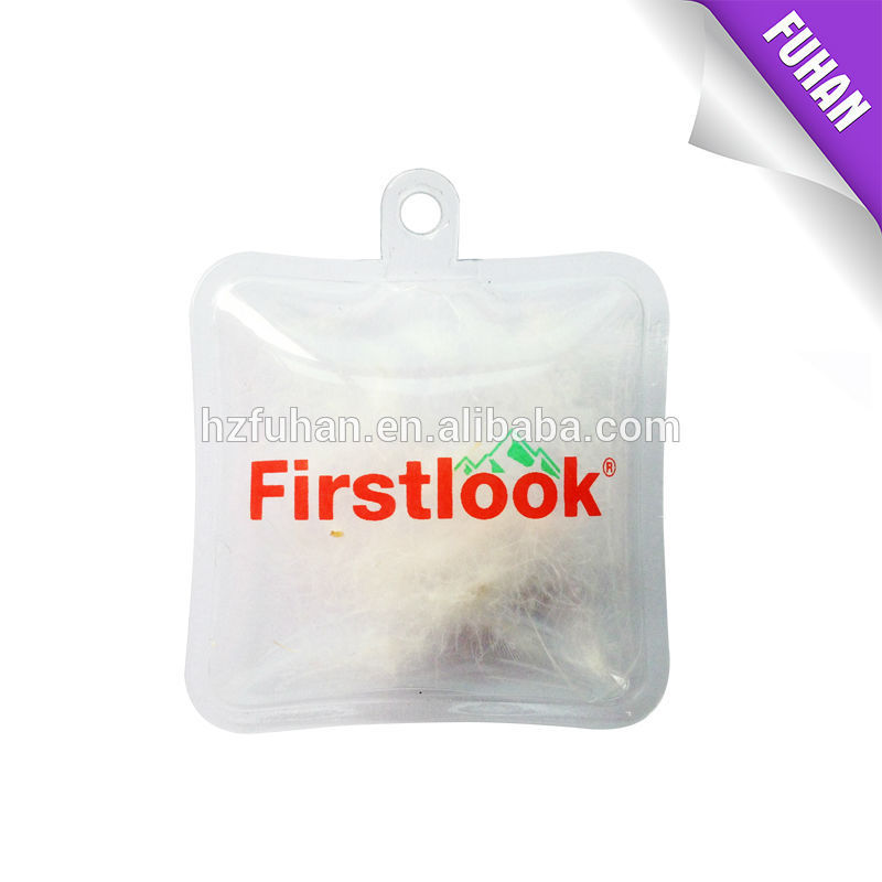 Down feather label pvc price tag filled with feather