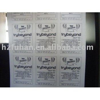 Polyester fabric care label white background and black words
