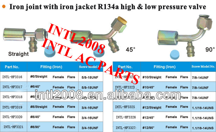 universal iron air conditionin hose fitting beadlock crimp on fitting with R134a service port #6 90 degree female
