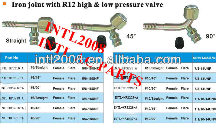 female flare hose fitting /connector/coupling with Iron Joint R12 high and low pressure valve for wholesale and retail