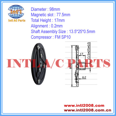China manufacturer 98mm auto a/c compressor FM SP10 CLUTCH PLATE ac clutch hub mass stock air conditioning Shaft Assembly 13.5*25*0.5mm