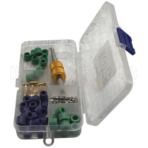 Automotive Air-Conditioning A/C Schrader Valve Core & Remover Tool & A/C Hose Adapter Rubber Gasket Assortment Kit