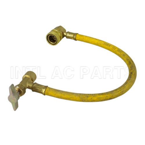 Freon filling hose with bottle opener and low pressure quick fitting