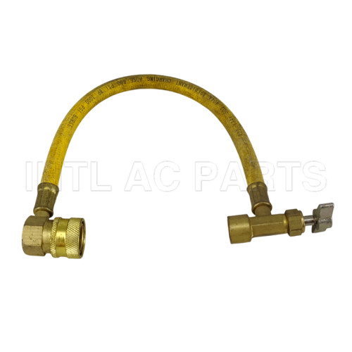 Freon filling hose with bottle opener and low pressure quick fitting