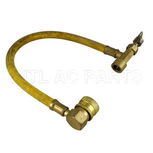 Freon filling hose with bottle opener and low pressure quick fitting