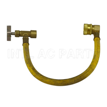 Freon filling hose with bottle opener and low pressure quick fitting