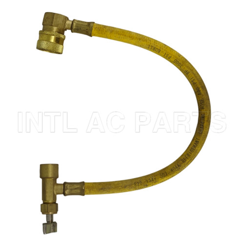 Freon filling hose with bottle opener and low pressure quick fitting