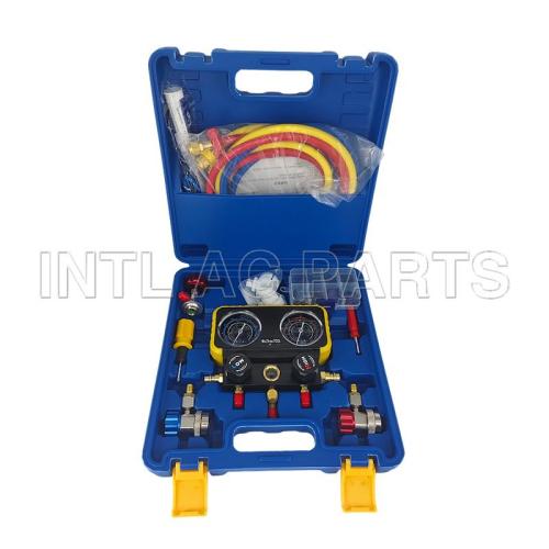 R12 R134A Plastic Boxed Watch Set Deluxe Edition (WITH QUICK CUOPLER R134A with 1.5m tube, 3000PSI ,thermometer, valve core and coolant tool)