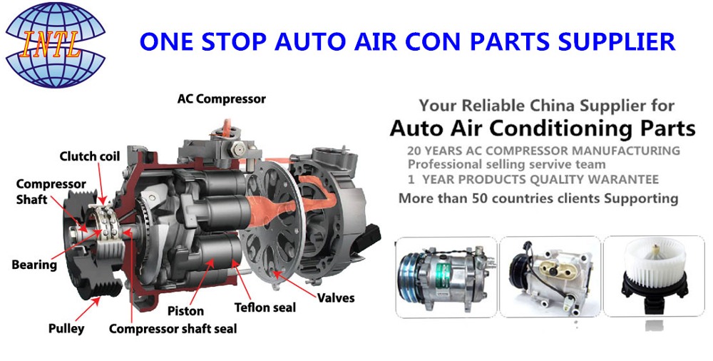 Auto air conditioning compressor cutaway showing clutch coil, shaft, bearing, pulley, piston, Teflon seal and valves