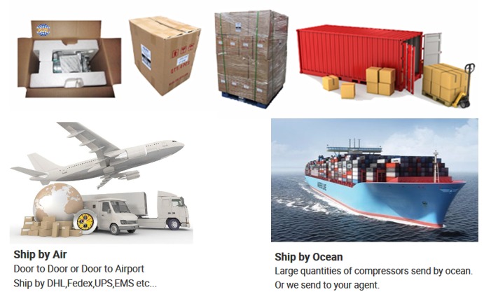 Compressor packing in foam-lined cartons, pallet freight, shipping by air and by ocean