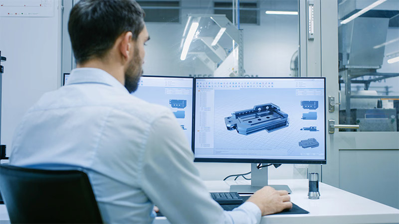 Engineer reviewing an automotive A/C component in 3D CAD