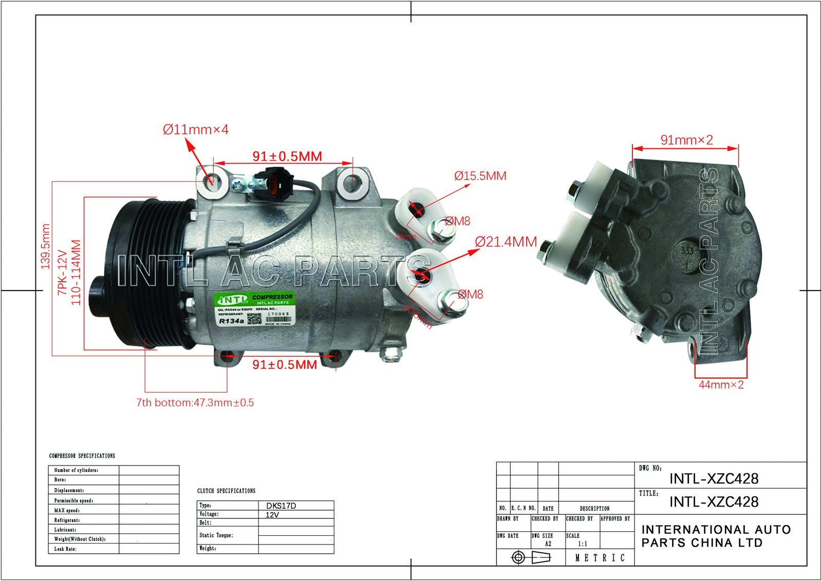 Dimensioned drawing of an automotive A/C compressor with mounting and port specifications