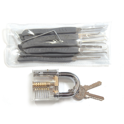 The set includes 9 pcs locksmith tools Transparent practice lock