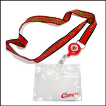 Custom retractable reeler with card bag red and black woven logo neck lanyards