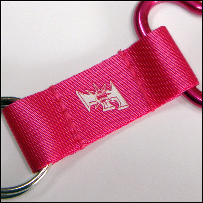 pink nylon strap with printed logo