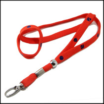 Plastic pearl and metal crimp for red polyester tubular neck lanyard