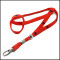 Plastic pearl and metal crimp for red polyester tubular neck lanyard
