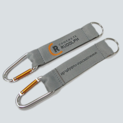 Woven custom logo on one side black polyester strap carabiner key chain