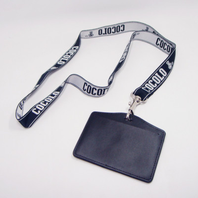 Polyester woven logo custom made business leather badge holder neck lanyard