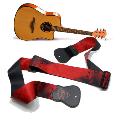 Red sublimation logo polyester leather acoustic guitar strap