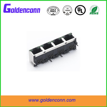 rj45 shield female jack connector 8P8C for PCB 1*4 ports Connectors with right angle type LED lamp