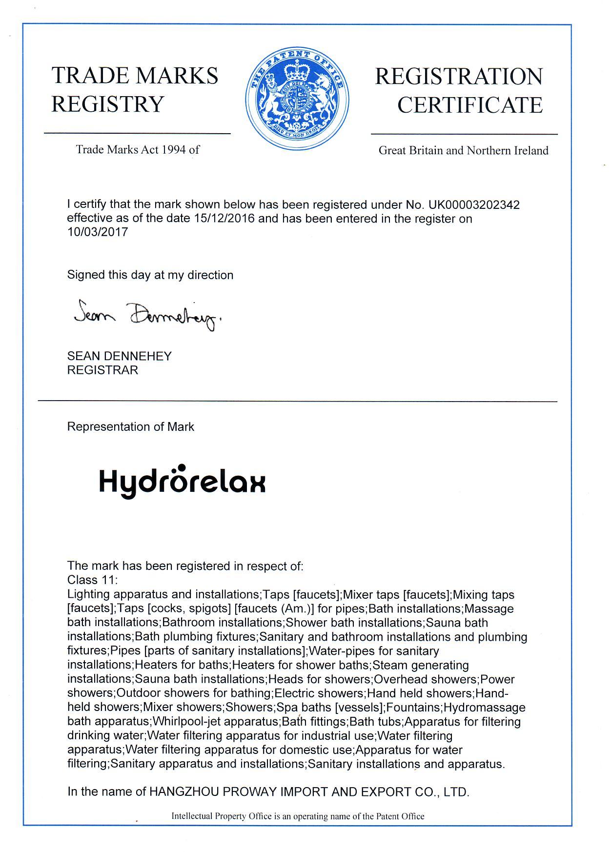 Hydrorelax British Trademark Certificate