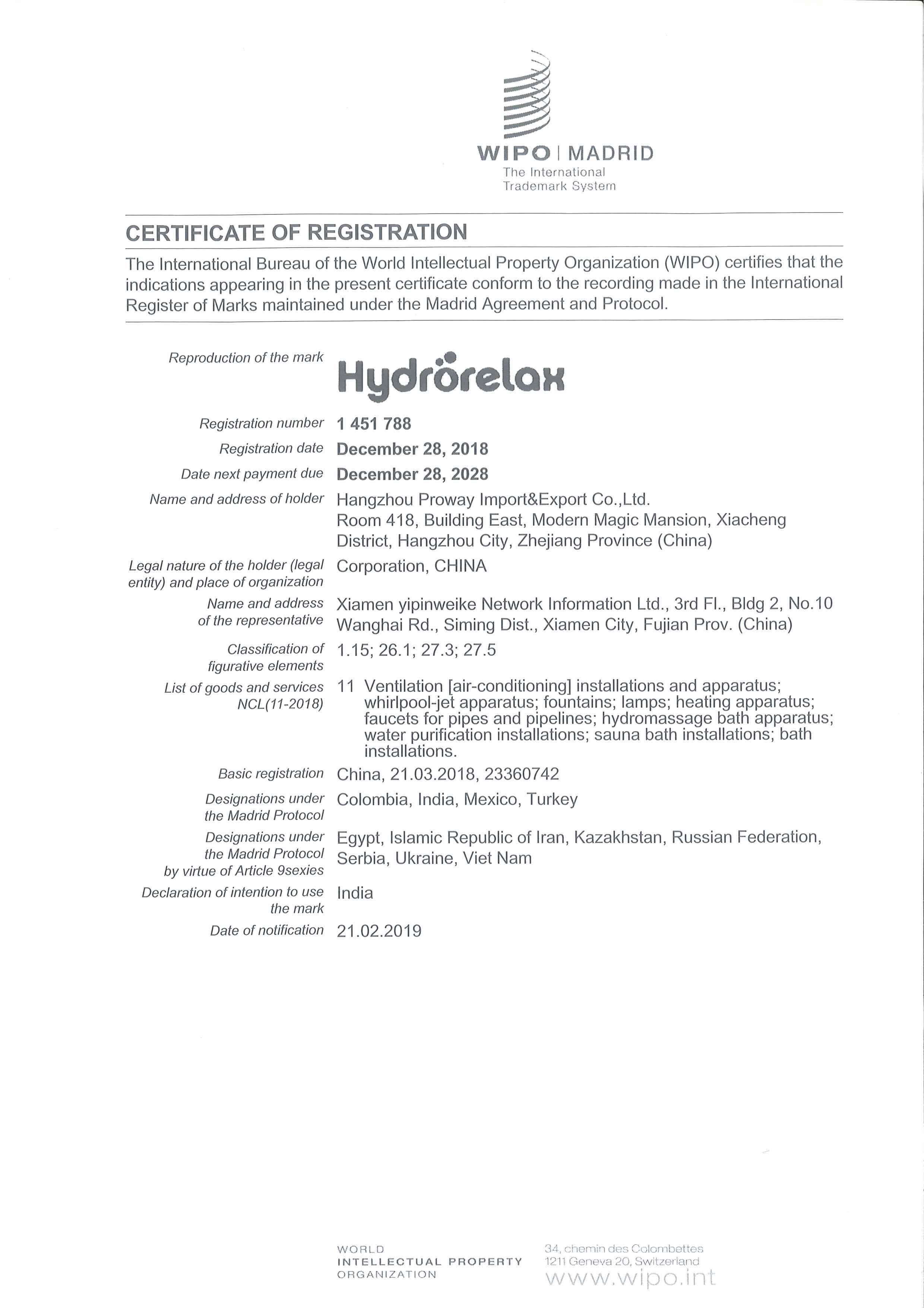 Madrid Treaty 11 - India Certificate